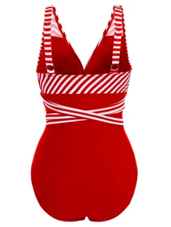 Fashion Retro Stage [Plus Size] 1950s Stripe Lace Up Patchwork One-Piece Swimsuit
