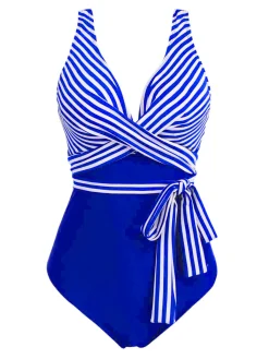 Fashion Retro Stage [Plus Size] 1950s Stripe Lace Up Patchwork One-Piece Swimsuit
