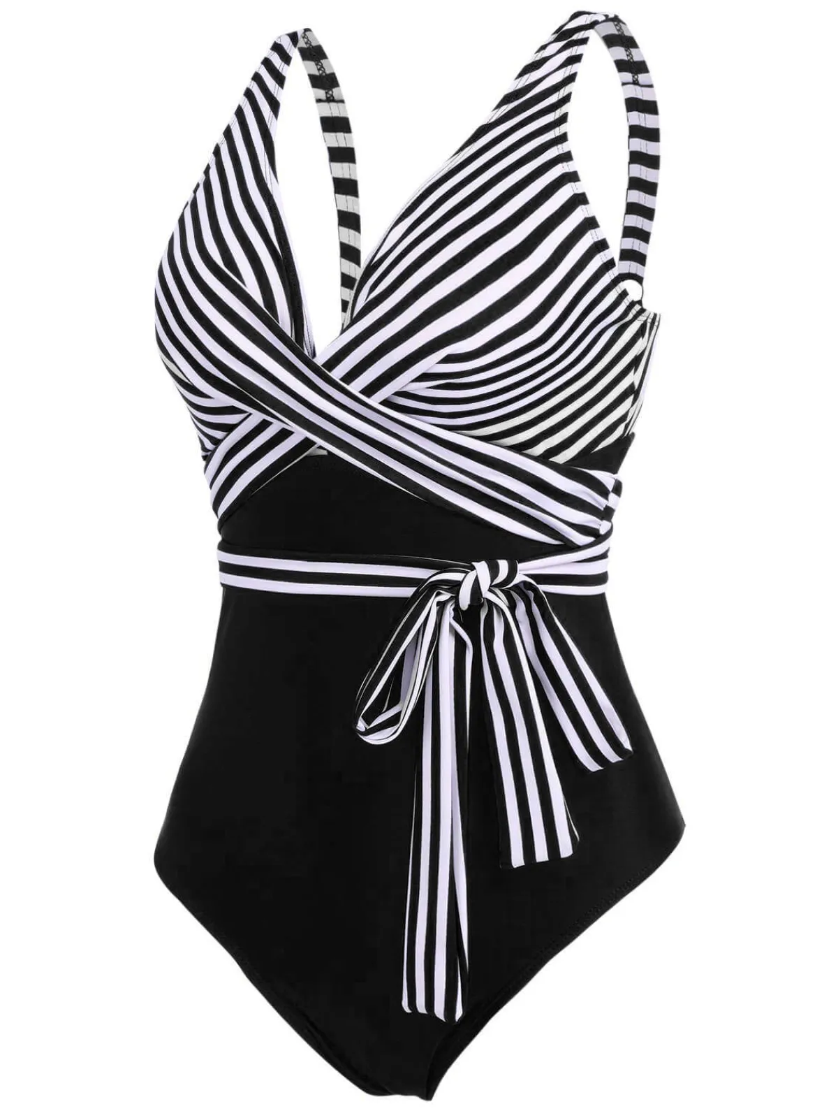 Fashion Retro Stage [Plus Size] 1950s Stripe Lace Up Patchwork One-Piece Swimsuit
