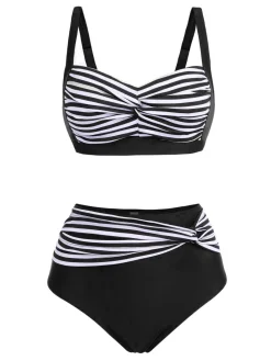 Sale Retro Stage [Plus Size] 1950s Stripe Twisted Patchwork Strap Swimsuit