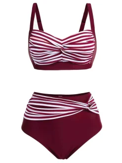 Sale Retro Stage [Plus Size] 1950s Stripe Twisted Patchwork Strap Swimsuit
