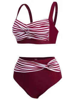 Sale Retro Stage [Plus Size] 1950s Stripe Twisted Patchwork Strap Swimsuit