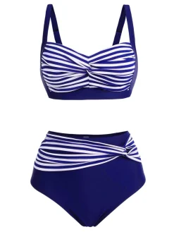 Sale Retro Stage [Plus Size] 1950s Stripe Twisted Patchwork Strap Swimsuit