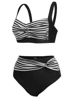 New Retro Stage [Plus Size] 1950s Stripe Twisted Patchwork Strap Swimsuit