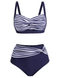 New Retro Stage [Plus Size] 1950s Stripe Twisted Patchwork Strap Swimsuit