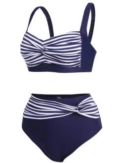 New Retro Stage [Plus Size] 1950s Stripe Twisted Patchwork Strap Swimsuit