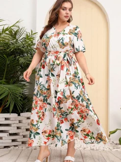 Outlet Retro Stage [Plus Size] 1940s Surplice V-Neck Belted Floral Dress