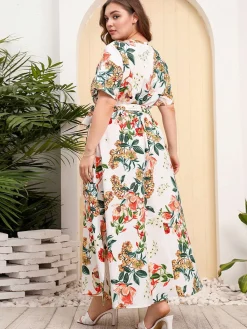 Outlet Retro Stage [Plus Size] 1940s Surplice V-Neck Belted Floral Dress