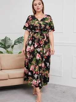 Outlet Retro Stage [Plus Size] 1940s Surplice V-Neck Belted Floral Dress