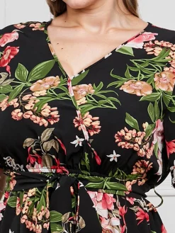 Outlet Retro Stage [Plus Size] 1940s Surplice V-Neck Belted Floral Dress