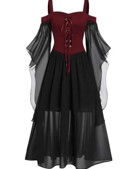 New Retro Stage [Plus Size] 1950s Suspender Contrast Color Chiffon Strap Dress