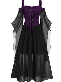 Hot Retro Stage [Plus Size] 1950s Suspender Contrast Color Chiffon Strap Dress
