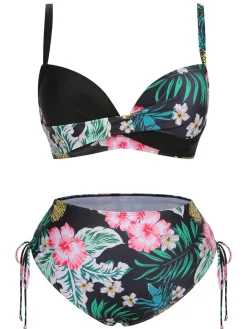 Discount Retro Stage [Plus Size] 1940S Tropical Plant Patchwork Lace-Up Swimsuit