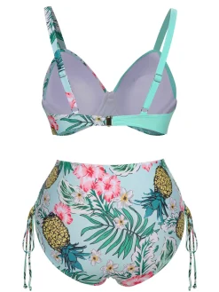 Discount Retro Stage [Plus Size] 1940S Tropical Plant Patchwork Lace-Up Swimsuit