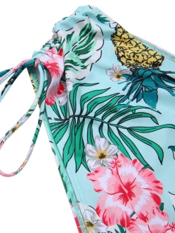 Discount Retro Stage [Plus Size] 1940S Tropical Plant Patchwork Lace-Up Swimsuit