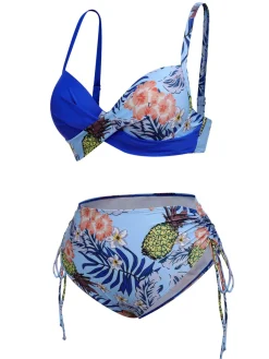Discount Retro Stage [Plus Size] 1940S Tropical Plant Patchwork Lace-Up Swimsuit