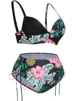 Discount Retro Stage [Plus Size] 1940S Tropical Plant Patchwork Lace-Up Swimsuit