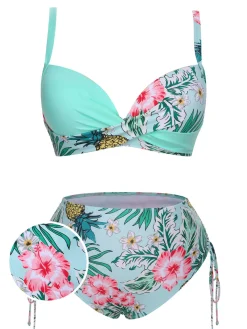 Discount Retro Stage [Plus Size] 1940S Tropical Plant Patchwork Lace-Up Swimsuit