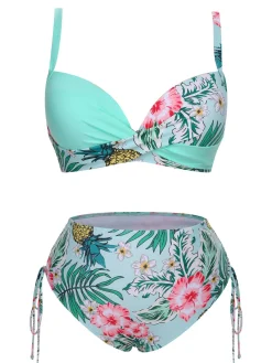 Discount Retro Stage [Plus Size] 1940S Tropical Plant Patchwork Lace-Up Swimsuit