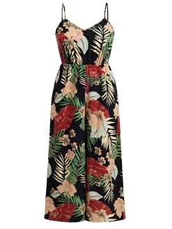 Discount Retro Stage [Plus Size] 1970s Tropical Print Spaghetti Strap Jumpsuit Black