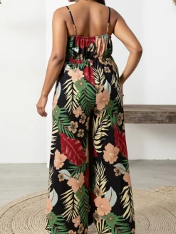 Discount Retro Stage [Plus Size] 1970s Tropical Print Spaghetti Strap Jumpsuit Black