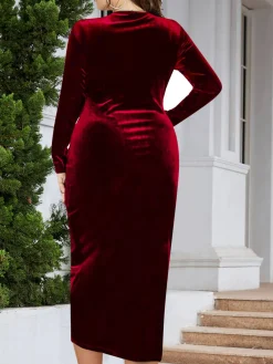 Discount Retro Stage [Plus Size] 1960s Velvet V-Neck Wrap Dress