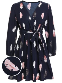 New Retro Stage [Plus Size] 1950s V-Neck Feather Waist Dress Blue