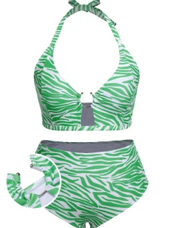 Online Retro Stage [Plus Size] 1940s Zebra Print Cutout Halter Swimsuit