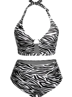 Online Retro Stage [Plus Size] 1940s Zebra Print Cutout Halter Swimsuit