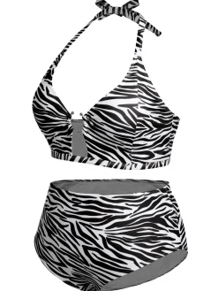 Online Retro Stage [Plus Size] 1940s Zebra Print Cutout Halter Swimsuit