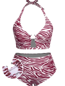 Online Retro Stage [Plus Size] 1940s Zebra Print Cutout Halter Swimsuit