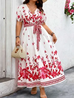 Fashion Retro Stage [Plus Size] 1950s Floral Wrap V-Neck Belt Dress White