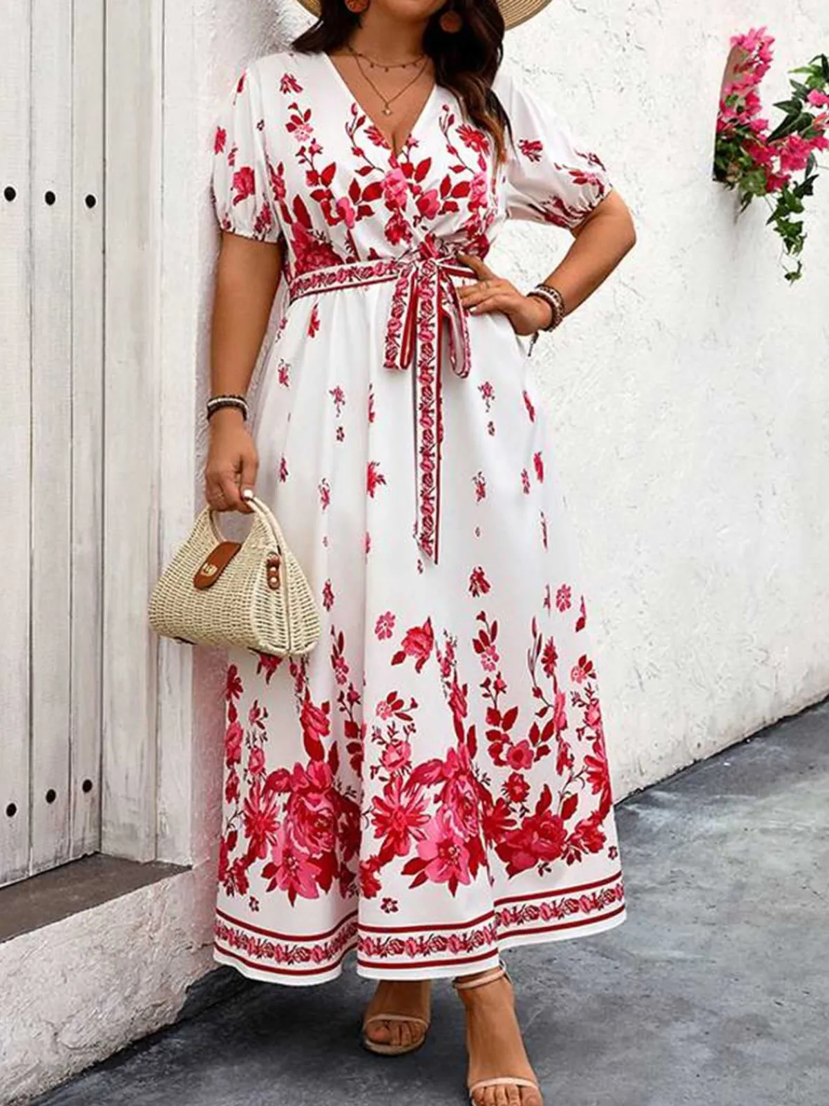 Fashion Retro Stage [Plus Size] 1950s Floral Wrap V-Neck Belt Dress White