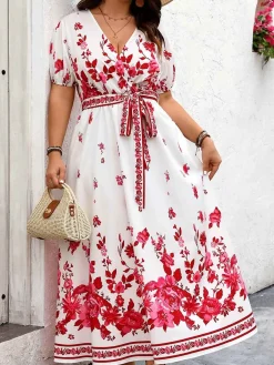 Fashion Retro Stage [Plus Size] 1950s Floral Wrap V-Neck Belt Dress White