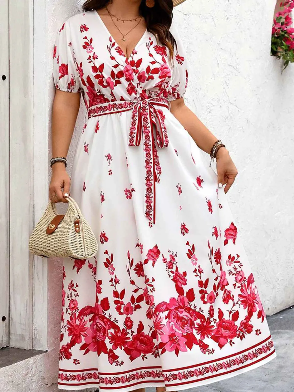 Fashion Retro Stage [Plus Size] 1950s Floral Wrap V-Neck Belt Dress White