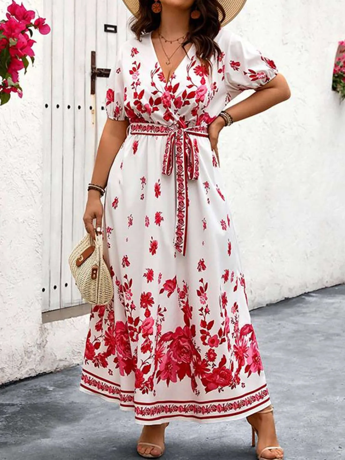 Fashion Retro Stage [Plus Size] 1950s Floral Wrap V-Neck Belt Dress White