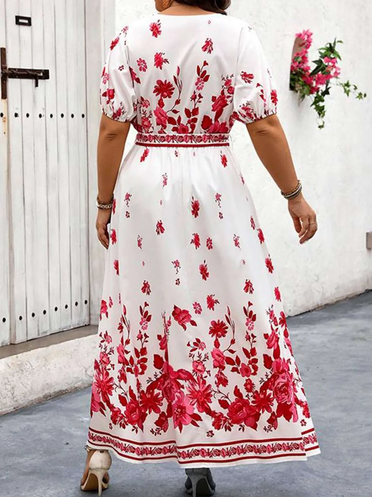 Fashion Retro Stage [Plus Size] 1950s Floral Wrap V-Neck Belt Dress White
