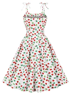 New Retro Stage [Plus Size] 1950s Light String Shoulder Tie Dress White