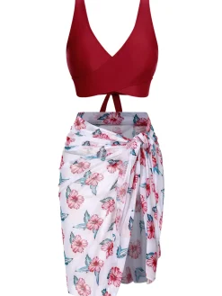 Best Retro Stage [Plus Size] 1930s Floral Bikini Set & Cover-Up Wine Red