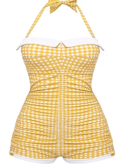 Sale Retro Stage [Plus Size] Yellow 1950s Check Halter Bowknot One-piece Swimsuit