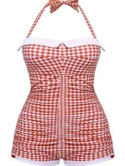Sale Retro Stage [Plus Size] Yellow 1950s Check Halter Bowknot One-piece Swimsuit