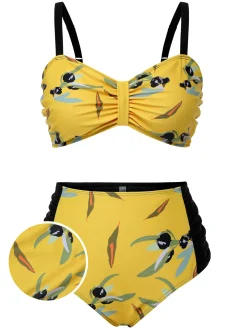 Best Retro Stage [Plus Size] 1930s Contrast Floral Strap Swimsuit Yellow