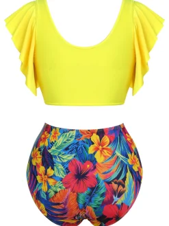 Clearance Retro Stage [Plus Size] 1940s Ruffles Floral Swimsuit Yellow