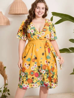 Sale Retro Stage [Plus Size] 1950s V-Neck Belted Floral Dress Yellow