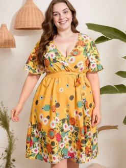 Sale Retro Stage [Plus Size] 1950s V-Neck Belted Floral Dress Yellow