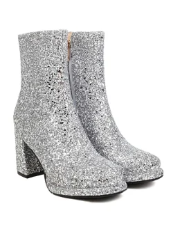 Fashion Retro Stage Point Toe Sequined Chunky Heel Ankle Boots