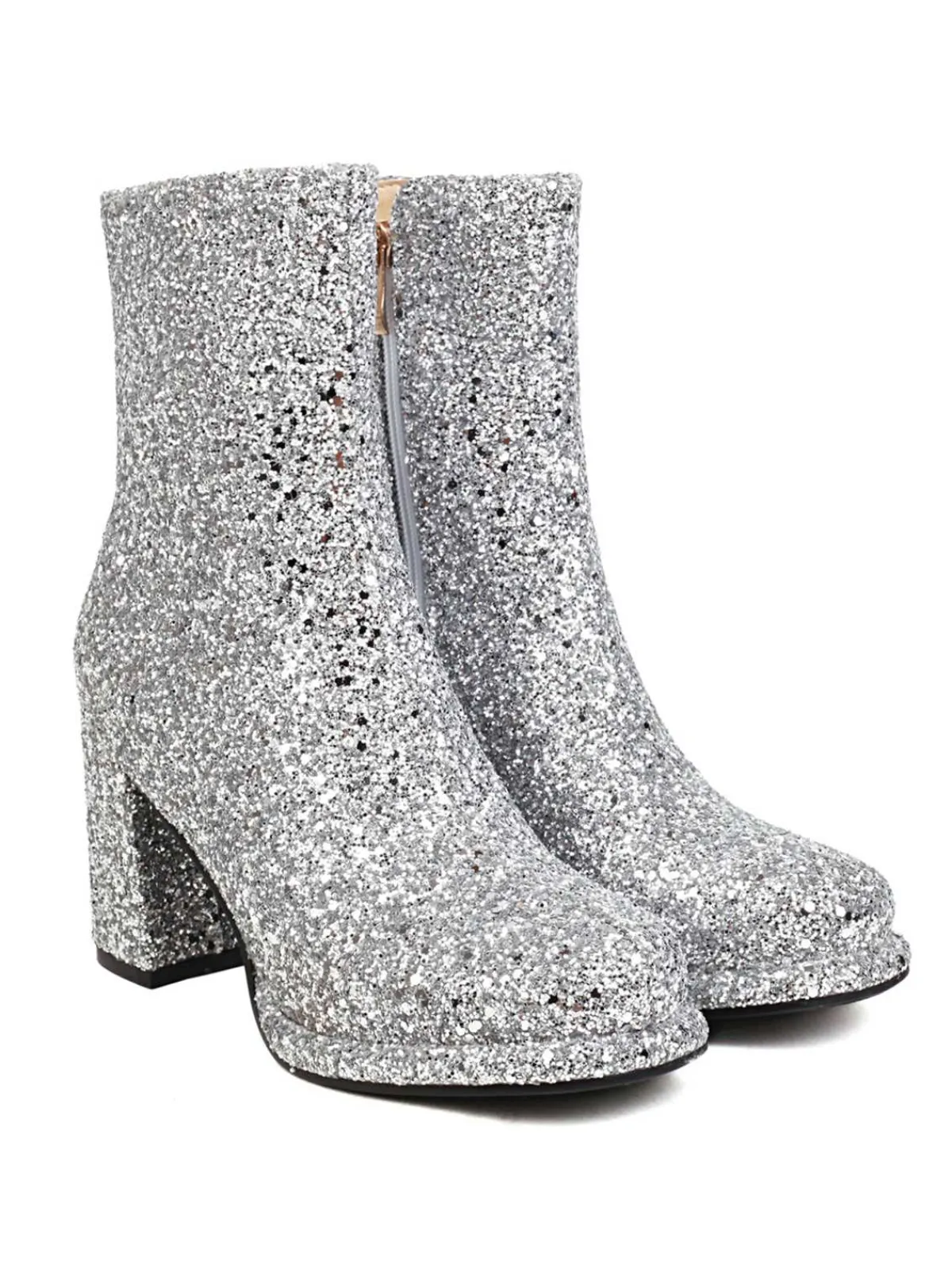 Fashion Retro Stage Point Toe Sequined Chunky Heel Ankle Boots