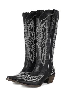 Outlet Retro Stage Pointed Embroidered Cowboy Knee-High Boots