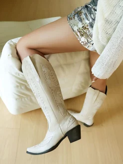 Outlet Retro Stage Pointed Embroidered Cowboy Knee-High Boots