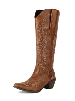 Outlet Retro Stage Pointed Embroidered Cowboy Knee-High Boots